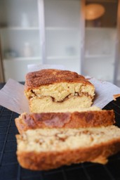 close up photo of sliced cinnamon swirl pound cake loaf